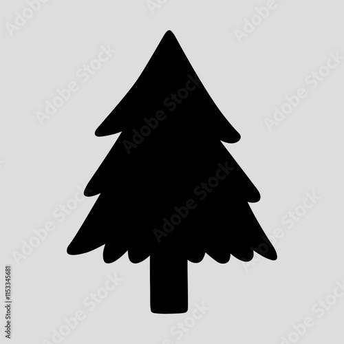 The silhouette of a fir tree on a light gray background. Suitable for season and holiday decorations. Black and white vector hand-drawn illustration.
