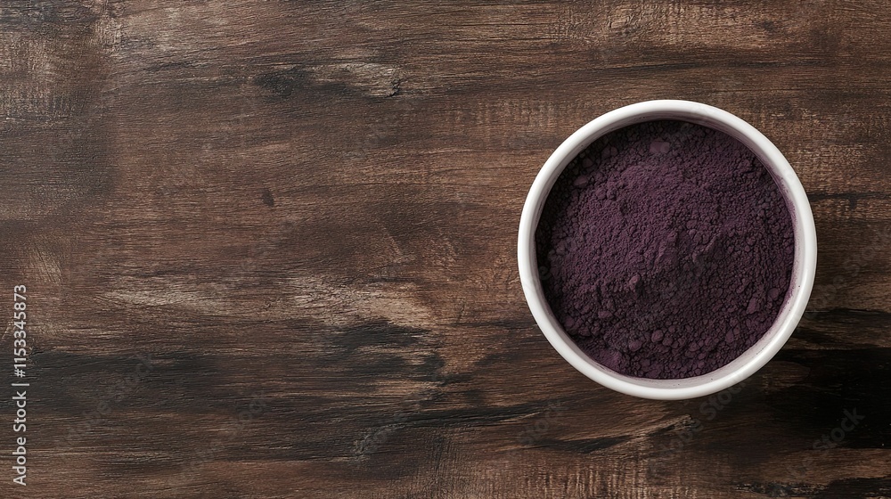 Acai berry powder in a white bowl top view and space for text or product over a wooden surface Acai berry powder in a white bowl top view and space for text or product over a wooden surface