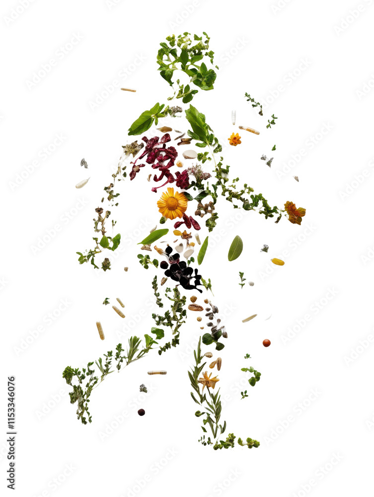 Obraz premium Human figure made from vegetables, fruits, and herbs PNG file