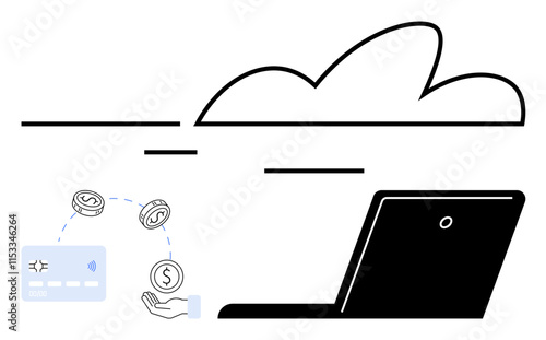 Cloud with a laptop, hand receiving money, and credit card represent digital financial transactions. Ideal for tech companies, online banking, cloud services, fintech, virtual currency, seamless photo