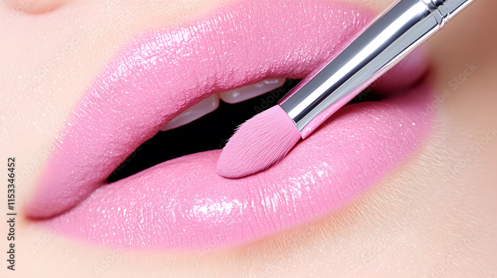 Obraz premium Close-up of a brush applying pink lipstick on full lips
