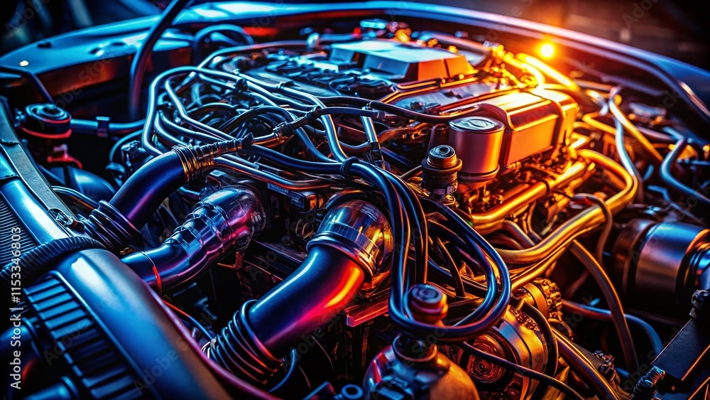 Silhouette of Car Engine Bay: Close-up Detail of Wires and Cables Silhouette of Car Engine Bay: Close-up Detail of Wires and Cables