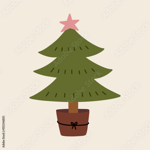 Cute decorated Christmas tree isolated on a white background. Vector hand-drawn flat illustration. Perfect for holiday designs, cards, decorations, logo. 