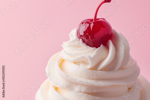 Swirl of whipped cream dessert close up detail texture crowned with glossy red cherry on top, against pastel pink background. photo