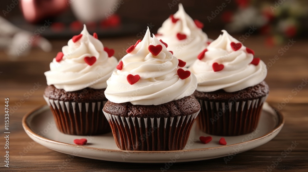 Four chocolate cupcakes with vanilla frosting and red heart sprinkles on a plate. Four chocolate cupcakes with vanilla frosting and red heart sprinkles on a plate.