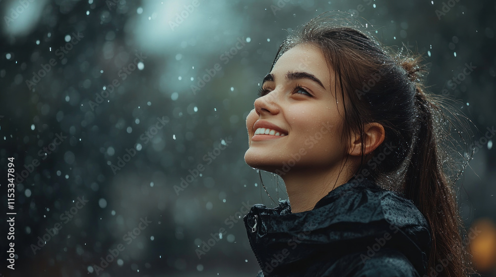 German woman smiling on a rainy day watching the raindrops fall German woman smiling on a rainy day watching the raindrops fall