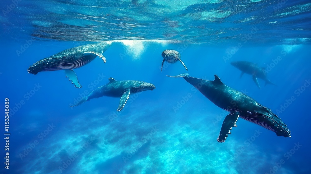 Obraz premium Aerial view of Humpback Whales swimming in the Coral Sea, Frenchmans Bay, Queensland, Australia.