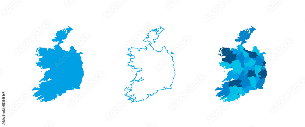 Obraz premium Ireland set of three maps - solid map, outline map and map highlighting administrative divisions. Three distinct maps illustrate various representations of a geographical area.