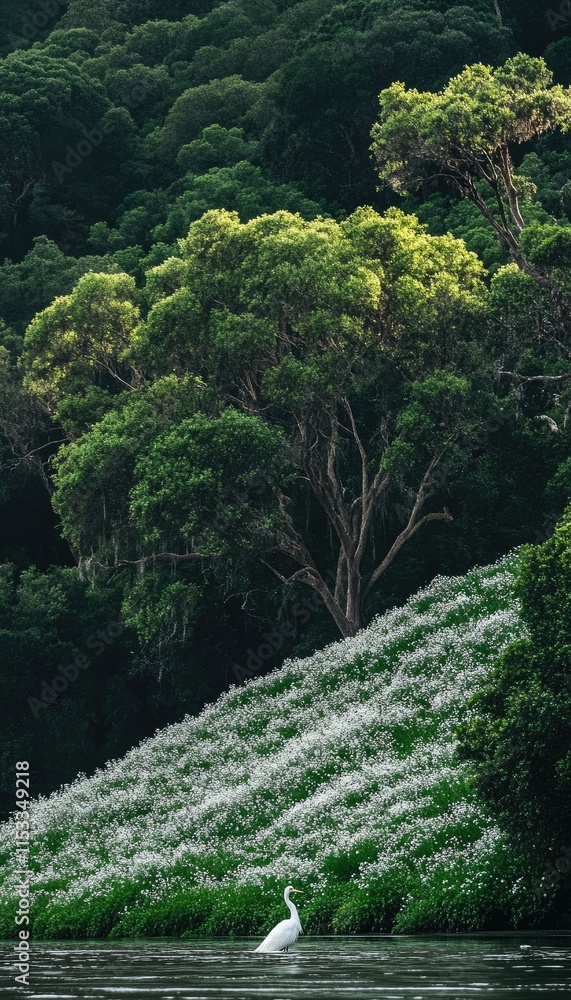 A serene landscape featuring a tree and a flowering slope beside a body of water. A serene landscape featuring a tree and a flowering slope beside a body of water.