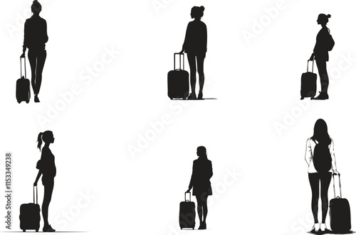 Casual Poses of Young Women Holding Luggage in Silhouette Style