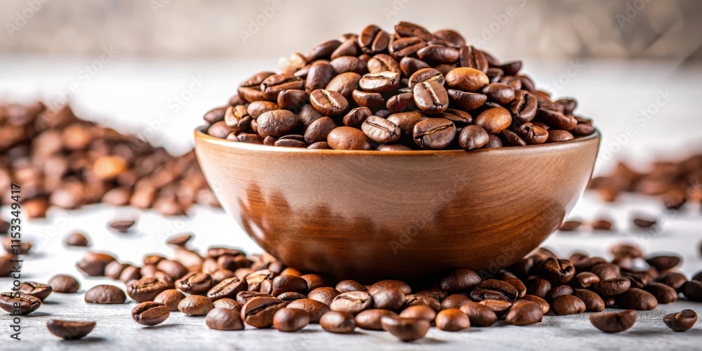 Fototapeta premium Brown coffee beans scattered on a white surface in a bowl with a subtle background blur, highlighting texture and depth