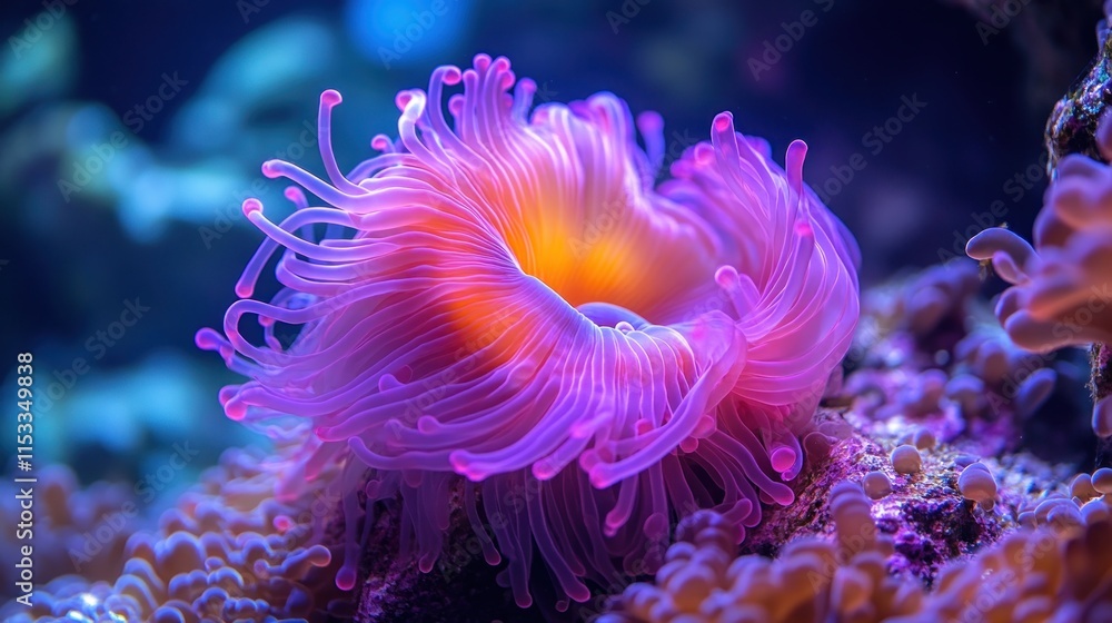 Anemone with pink tentacles and a bright orange center on a reef. Anemone with pink tentacles and a bright orange center on a reef.