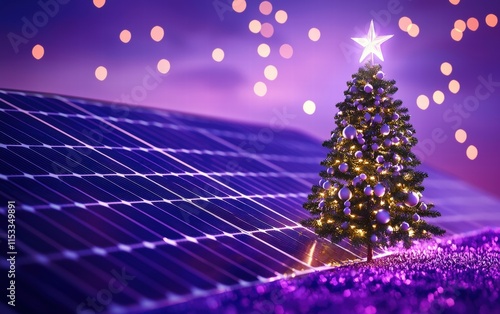 christmass tree and solar panel on purple background