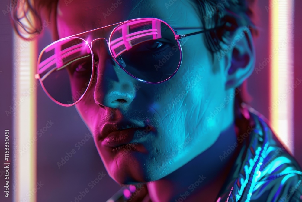 Close up portrait of a male model wearing aviator sunglasses, illuminated by vibrant neon lights, creating a modern and stylish look Close up portrait of a male model wearing aviator sunglasses, illuminated by vibrant neon lights, creating a modern and stylish look