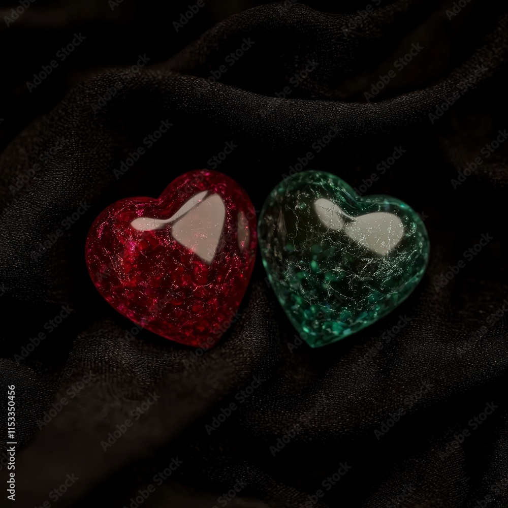 Fototapeta premium Romantic Red and Green Glass Hearts on Black Fabric
