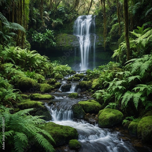 A breathtaking waterfall cascading down moss-covered rocks, surrounded by lush ferns and tropical plants.