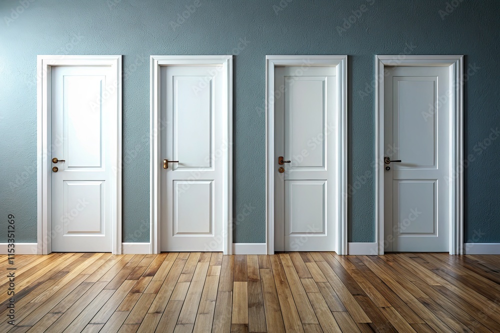 Fototapeta premium Abstract 3D render: Grey walls, white doors, wooden floor create a surreal minimalist space.