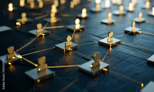 A digital representation of a network with interconnected nodes symbolizing communication and collaboration. The nodes are illuminated, creating a visually striking effect against a dark background.