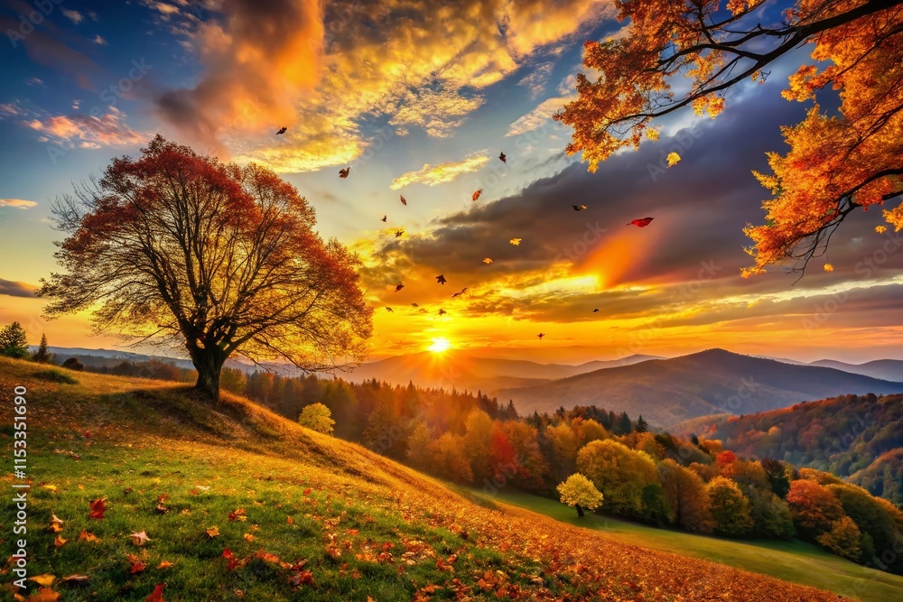 Fototapeta premium Silhouette of Trees on Hilltop, Autumn Leaves Falling, Golden Hour Landscape