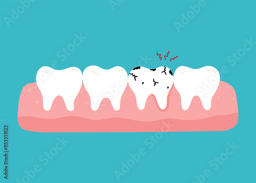Toothache. Row of healthy teeth and one diseased tooth with caries and cracks. Vector hand-drawn illustration in flat style. Dental care, oral hygiene concept.
