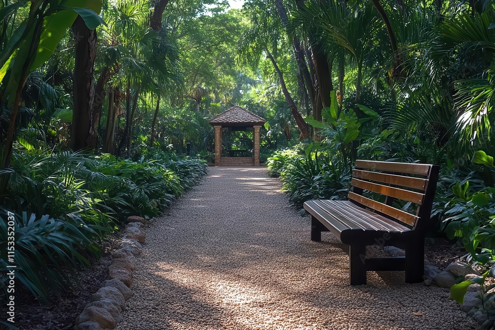 wooden park bench alongside a tranquil garden path dappled sunlight filtering through lush green trees inviting and serene atmosphere wooden park bench alongside a tranquil garden path dappled sunlight filtering through lush green trees inviting and serene atmosphere
