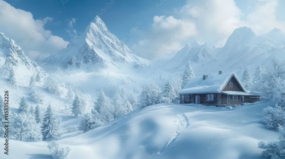 Serene winter cabin nestled in snowy mountains. Serene winter cabin nestled in snowy mountains.