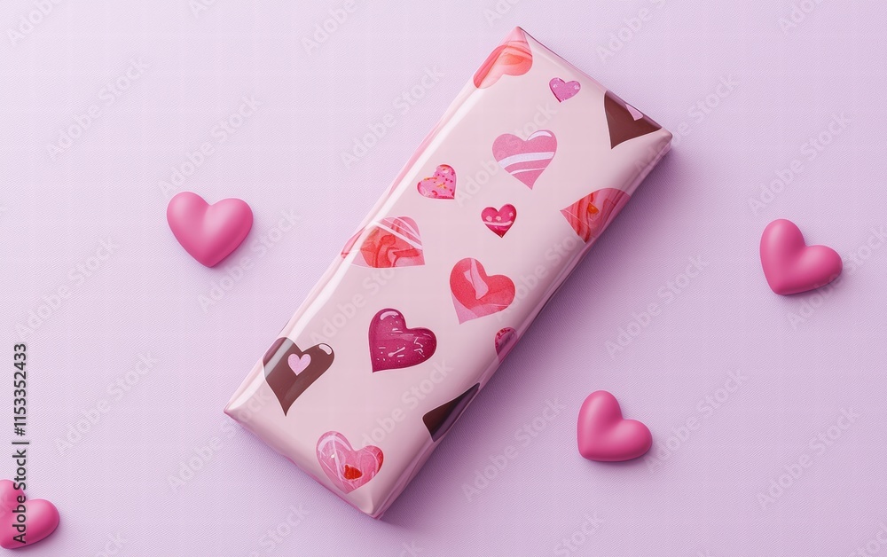 A beautifully wrapped chocolate bar with a valentines day design, on a pastel purple background A beautifully wrapped chocolate bar with a valentines day design, on a pastel purple background