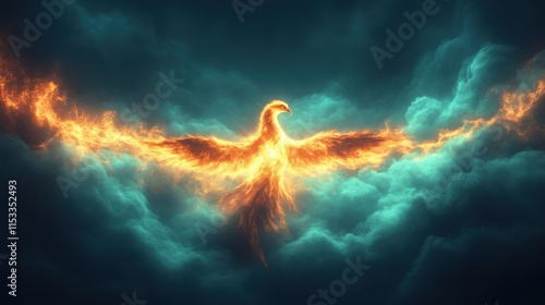 Fiery phoenix rising from teal clouds.