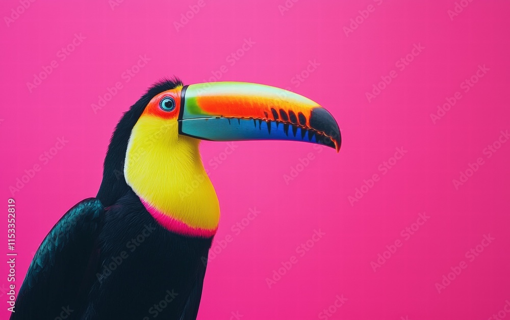 Fototapeta premium A bold toucan with its colorful beak, standing out against a hot pink background