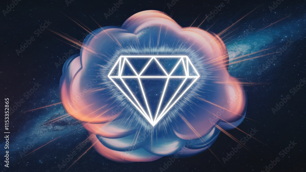 A luminous diamond shape emerges from a vibrant cosmic cloud, with radiant beams of light highlighting its facets, creating a sense of wonder and luxury. A luminous diamond shape emerges from a vibrant cosmic cloud, with radiant beams of light highlighting its facets, creating a sense of wonder and luxury.
