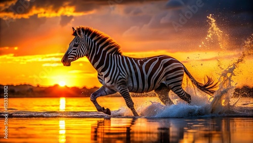 Silhouette Zebra Running Through Water - Wildlife Action Shot