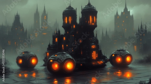 Futuristic gothic castle on floating platform in a foggy city. photo