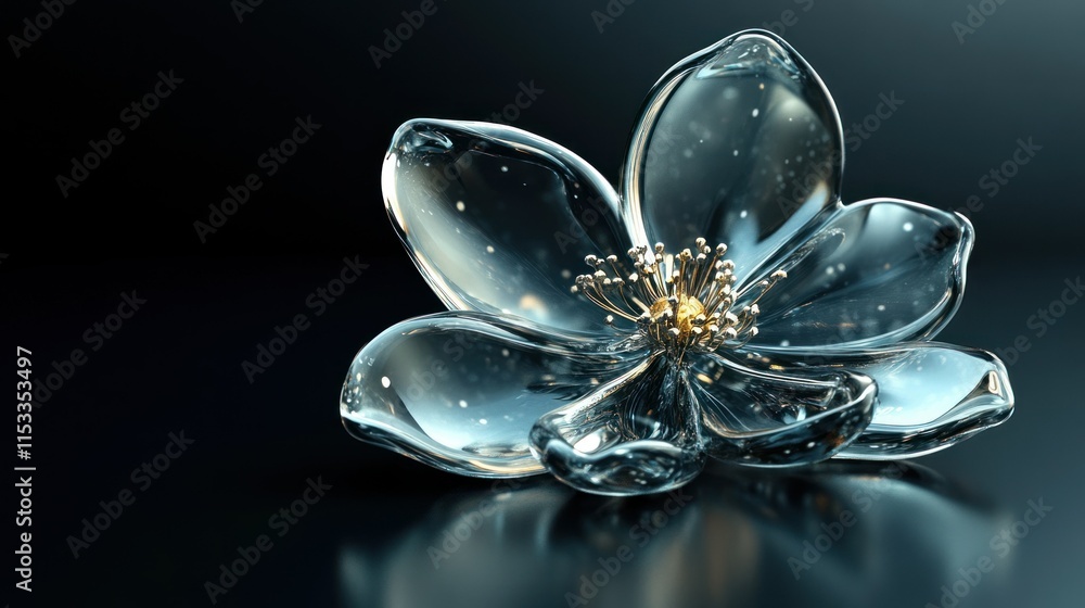 Transparent 3D glass flower icon with soft curves and intricate details, casting reflections on a dark surface Transparent 3D glass flower icon with soft curves and intricate details, casting reflections on a dark surface