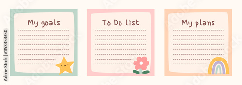 Cute to do list templates set. Kawaii design of daily planner, schedule or checklist. Perfect for agenda, planning, memo, notes, self-organization. Hand-drawn illustration. Stationery for children.