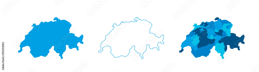 Obraz premium Switzerland set of three maps - solid map, outline map and map highlighting administrative divisions. Three distinct maps illustrate various representations of a geographical area.