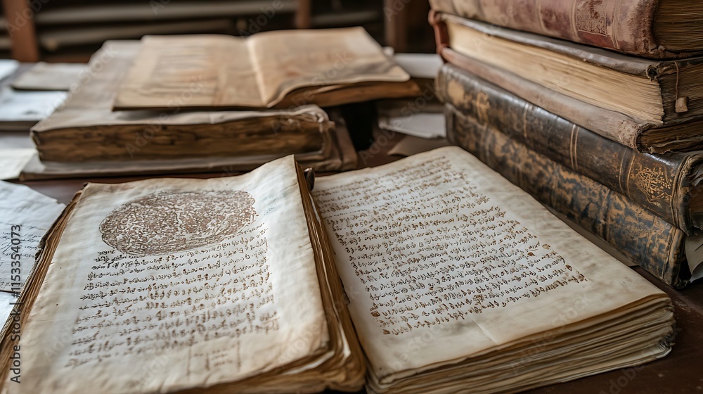 Obraz premium Collection of aged weathered manuscripts showcasing a rich history with pages reveal stories from the past.