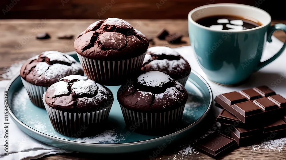 A plate of chocolate muffins sprinkled with powdered sugar a cup of coffee and a piece of chocolate on a wooden surface. A plate of chocolate muffins sprinkled with powdered sugar a cup of coffee and a piece of chocolate on a wooden surface.