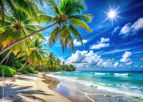 Fototapeta Naklejka Na Ścianę i Meble -  Azure waves crash on sun-drenched sands; a panoramic tropical island escape awaits.