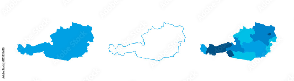 Obraz premium Austria set of three maps - solid map, outline map and map highlighting administrative divisions. Three distinct maps illustrate various representations of a geographical area.