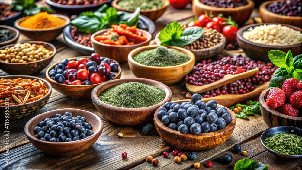 Fototapeta premium Capture vibrant superfood bowls' beauty; rustic wood backdrop enhances healthy appeal.