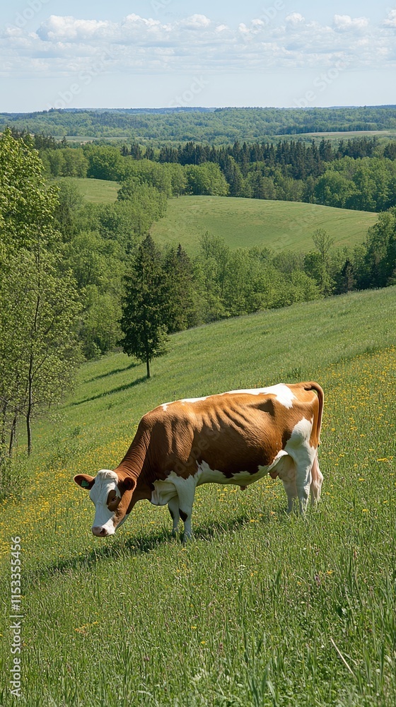 A cow grazing in a lush green landscape under a clear blue sky. A cow grazing in a lush green landscape under a clear blue sky.