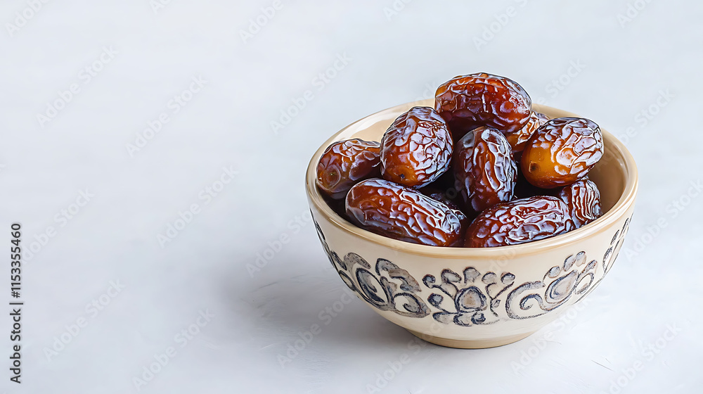 A bowl of dates fruit in white background. Ramadan Conceptual photo