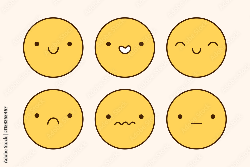 A cute emoji set with different facial expressions. Yellow characters with happy, joyful, sad, disappointed, surprised mood. Vector doodle illustration. Perfect for social media, stickers. A cute emoji set with different facial expressions. Yellow characters with happy, joyful, sad, disappointed, surprised mood. Vector doodle illustration. Perfect for social media, stickers.