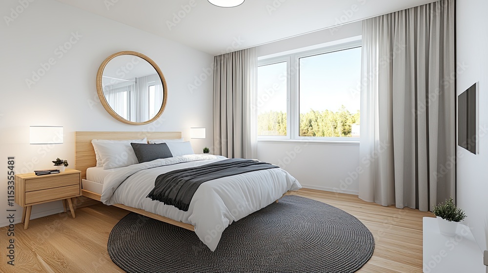 Fototapeta premium Cozy modern bedroom with wooden furnishings, warm lighting, and a light beige wall. Perfect for a relaxing atmosphere in an apartment or hotel