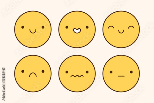 A cute emoji set with different facial expressions. Yellow characters with happy, joyful, sad, disappointed, surprised mood. Vector doodle illustration.  Perfect for social media, stickers.
