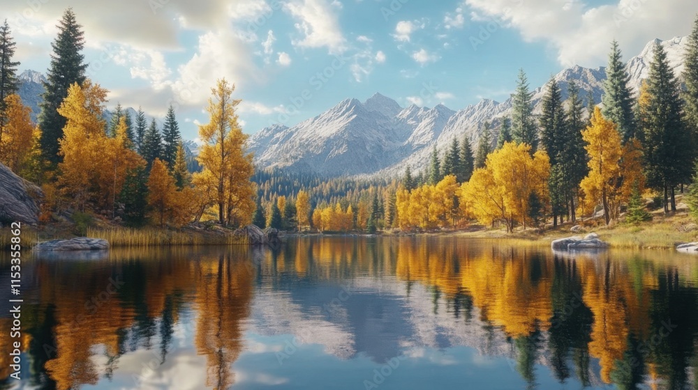 Serene autumn lake reflecting golden trees and snow capped mountains. Serene autumn lake reflecting golden trees and snow capped mountains.