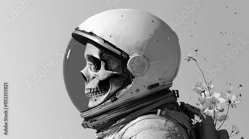 A hauntingly beautiful monochrome image of a skull inside an astronaut helmet, with delicate flowers blooming from the back. The minimalistic palette and the contrasting themes of life and death make photo