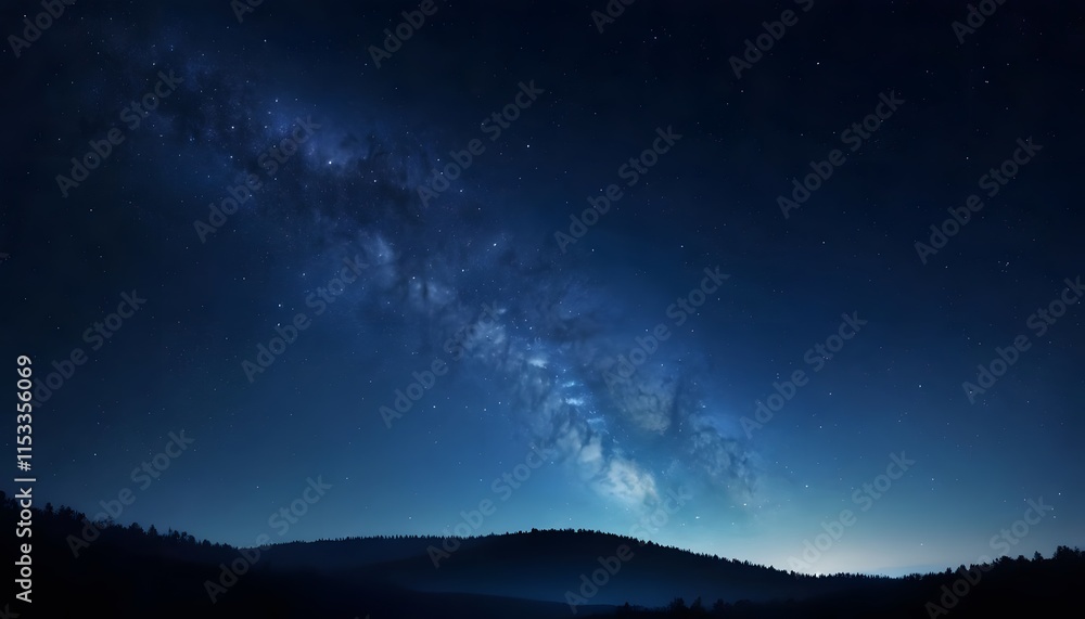 Starry night beautiful landscape, indigo night colored sky with clouds, mountains visible in horizon Starry night beautiful landscape, indigo night colored sky with clouds, mountains visible in horizon