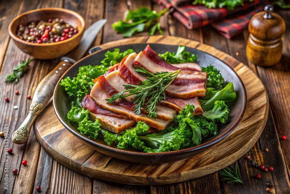 Smoked & Salted Lard, Bacon, Greens & Sauce on Rustic Plate Smoked & Salted Lard, Bacon, Greens & Sauce on Rustic Plate