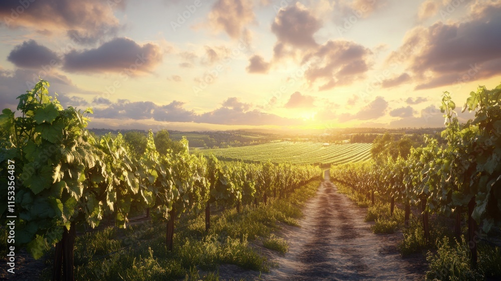 Naklejka premium Vineyard sunset scenic pathway idyllic rural landscape.